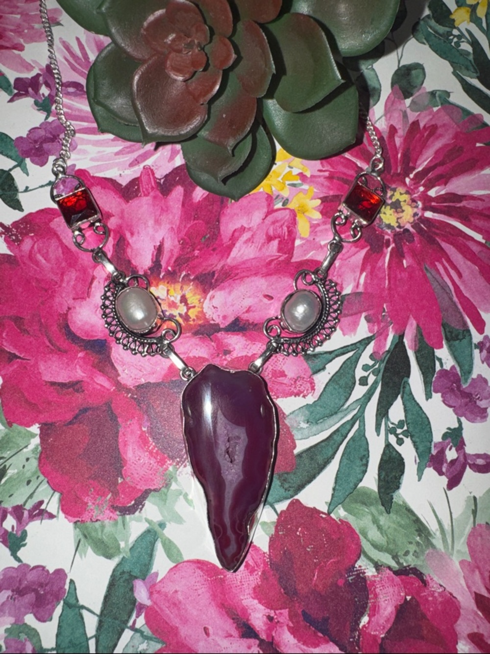 Agate & Pearl Silver Necklace